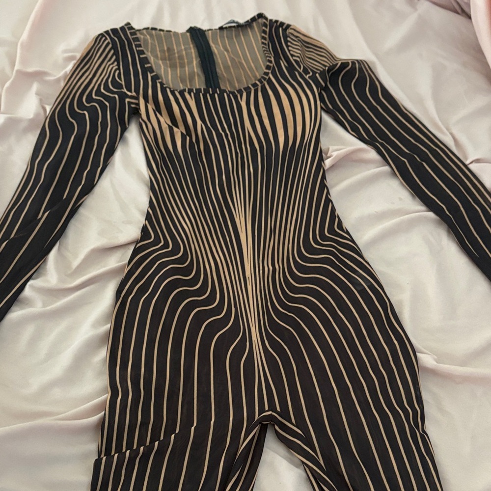 Elegant Black and Tan Striped Jumpsuit